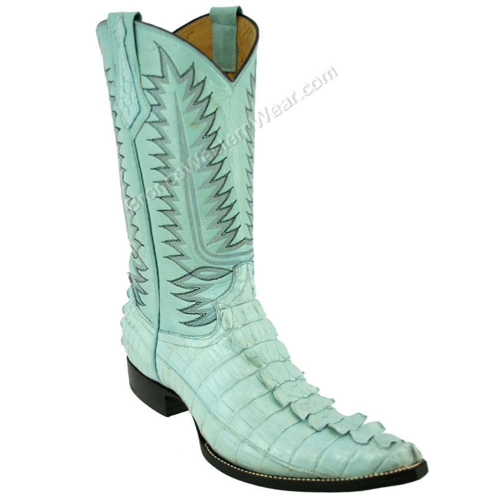 Bronco Men's Baby Blue Nile Crocodile Tail Pointed Toe Boots